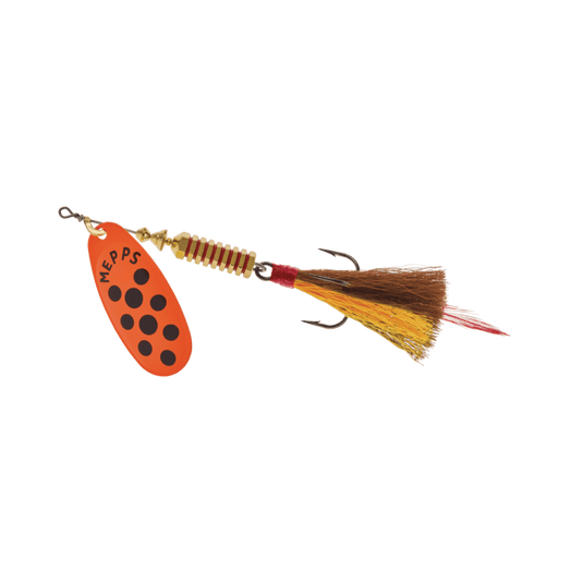 MEPPS SPINNERS CLT5 / Org Blk Dot/Org & Brn Tail Mepps Comet Long Tail