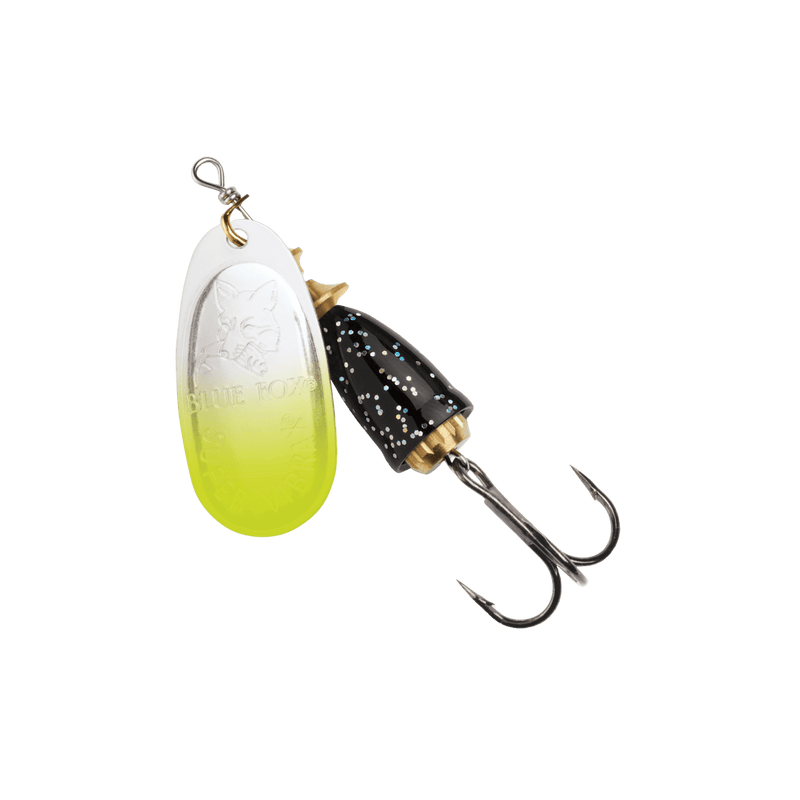 Load image into Gallery viewer, BLUE FOX SPINNERS 2 / Chartreuse Black Flake Blue Fox Classic Vibrax
