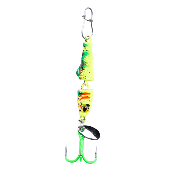 Load image into Gallery viewer, CLAM ICE SPOONS 1-8 / Glow Chartreuse Koi Clam Jointed PinHead Pro PT Jigging Spoon
