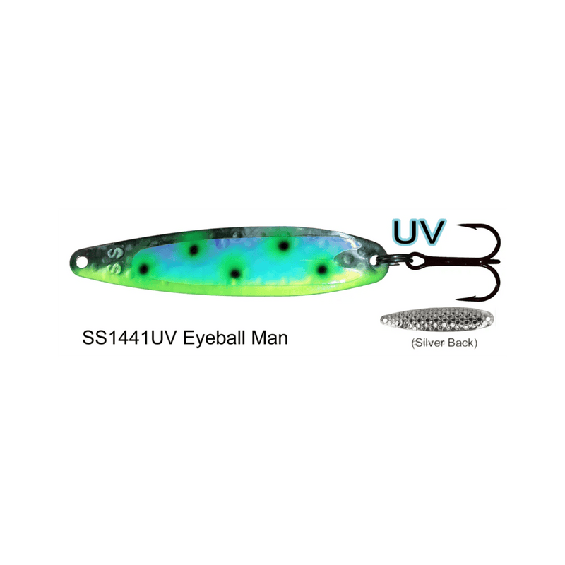 Load image into Gallery viewer, DREAMWEAVER TROLLING SPOONS Eyeball Man UV Dreamweaver Super Slim Spoon 3.75"
