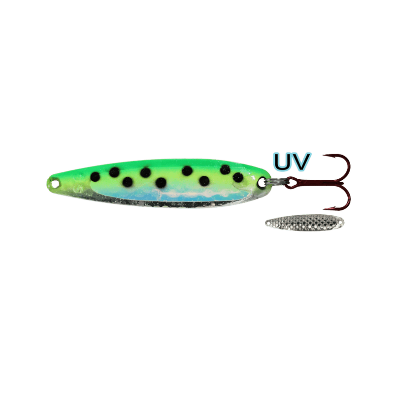 Load image into Gallery viewer, DREAMWEAVER TROLLING SPOONS Green Leopard UV Dreamweaver Super Slim Spoon 3.75&quot;
