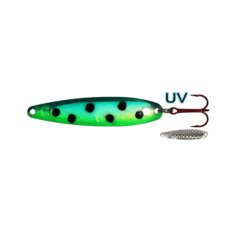 Load image into Gallery viewer, DREAMWEAVER TROLLING SPOONS Green Spotted Dolphin Dreamweaver Super Slim Spoon 3.75&quot;
