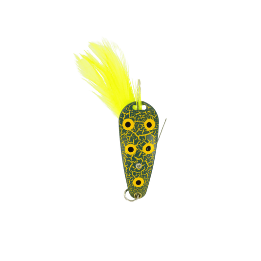 EPPINGER SALTWATER 1-2oz / Crackle Frog-Chartreuse Feather Dardevle Rex Spoon 1/2oz