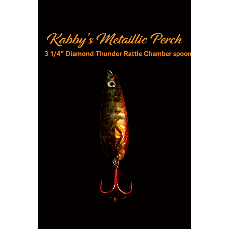 Load image into Gallery viewer, KABBY'S CUSTOM TROLLING SPOONS 3.25" / Metaillic Perch Kabby's Diamond Thunder Rattle Chamber Spoon
