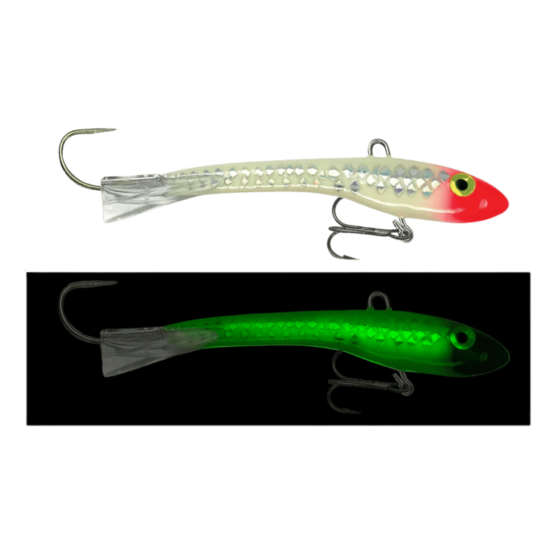 Load image into Gallery viewer, MOONSHINE ICE GLIDE BAITS 3 / Glow Bloody Scale Moonshine Rattling Shiver Minnow
