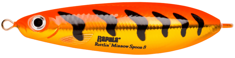 Load image into Gallery viewer, RAPALA CASTING SPOONS 08 / Gold Flo Red Tiger Rapala Weedless Rattlin&#39; Minnow Spoon
