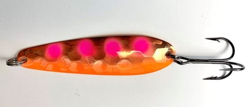 Load image into Gallery viewer, GREAT LAKES SPOON 3.25 COPPER Orange - Pink Dots Great Lakes Spoon Copper Walleye Series
