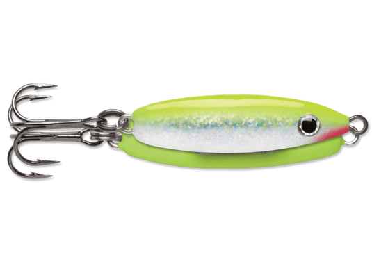 VMC Flash Champ Ice Fishing Spoon - Glow Green Fire UV, 1/16oz